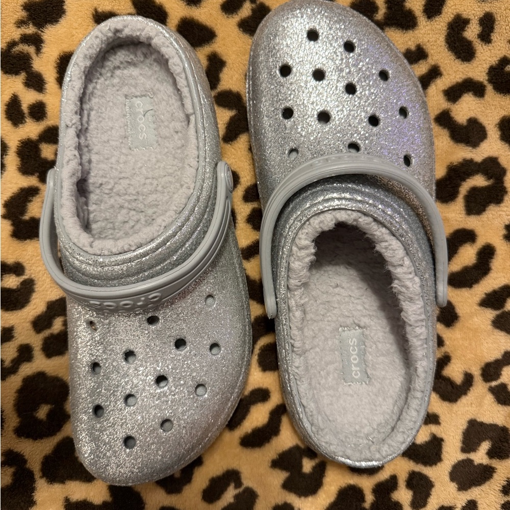 CROCS Sparkling Silver Clogs with Plush Lining